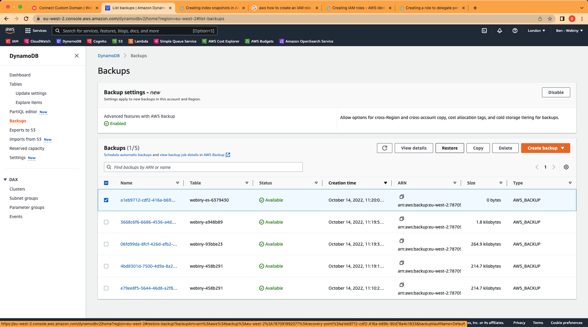 DynamoDB backups